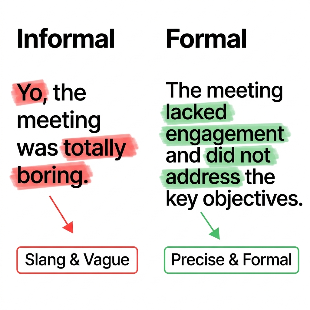 A non-example is: 'Yo, the meeting was totally boring.' This is not formal because it uses slang like 'Yo' and 'totally' and.