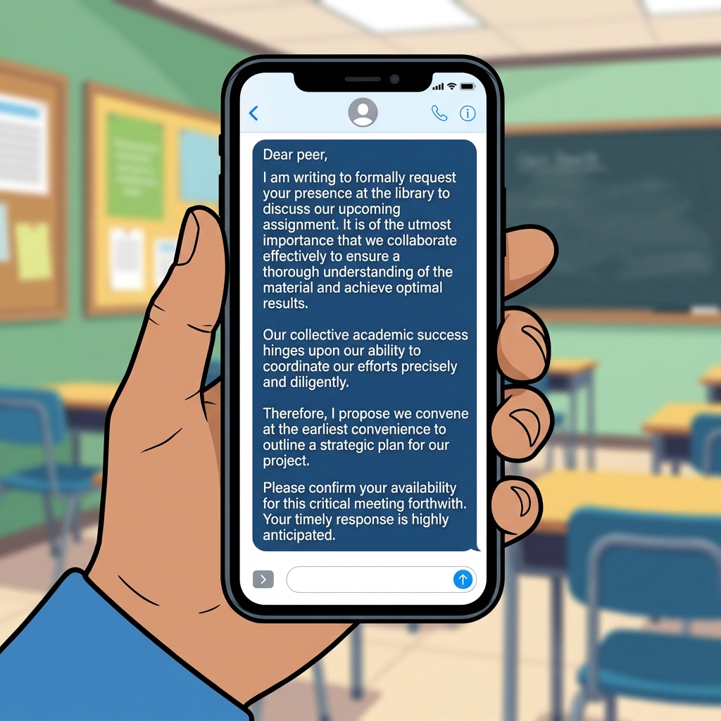 Non-example 2: A student sends a text message to a peer that is five paragraphs long and uses formal, stiff language. This.