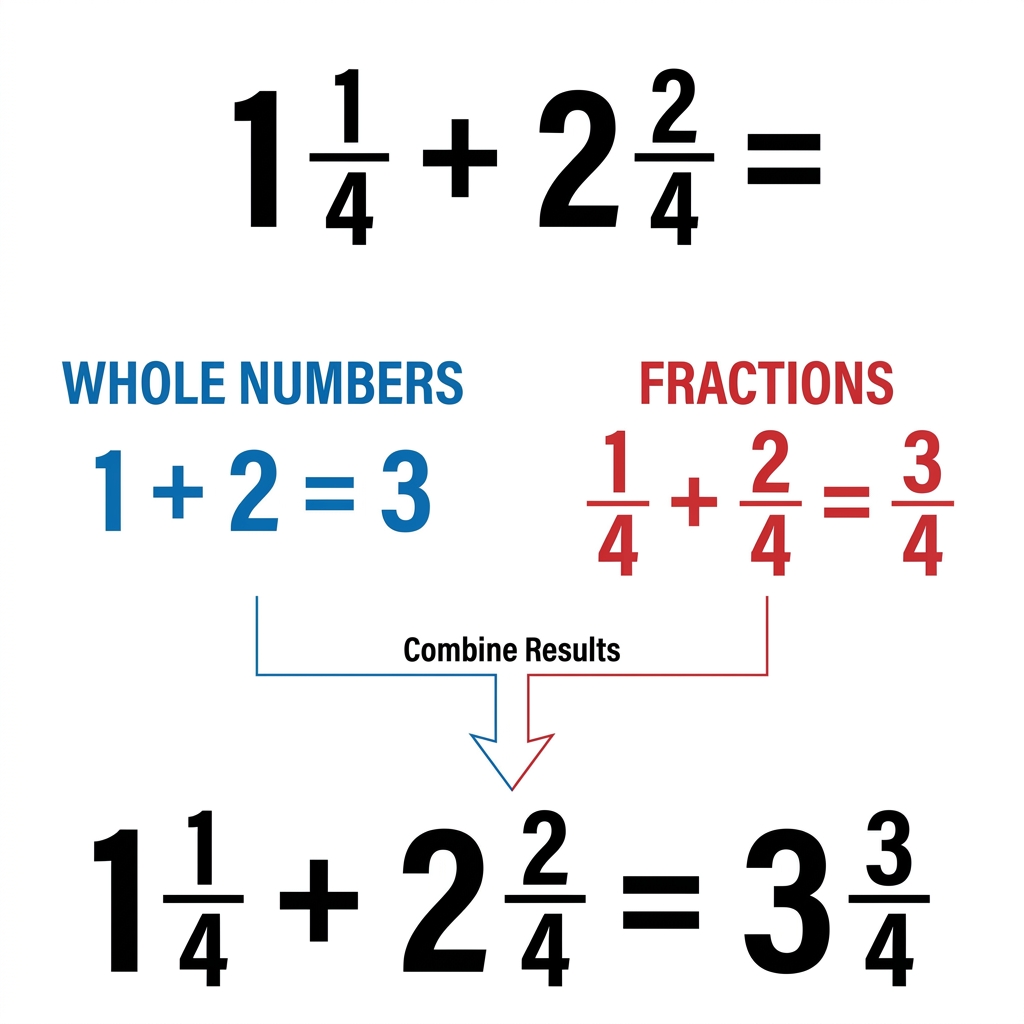 To add 1 1/4 + 2 2/4, we can add the whole numbers and the fractions separately. 1 + 2 = 3, and 1/4 + 2/4 = 3/4. So, 1 1/4 +.