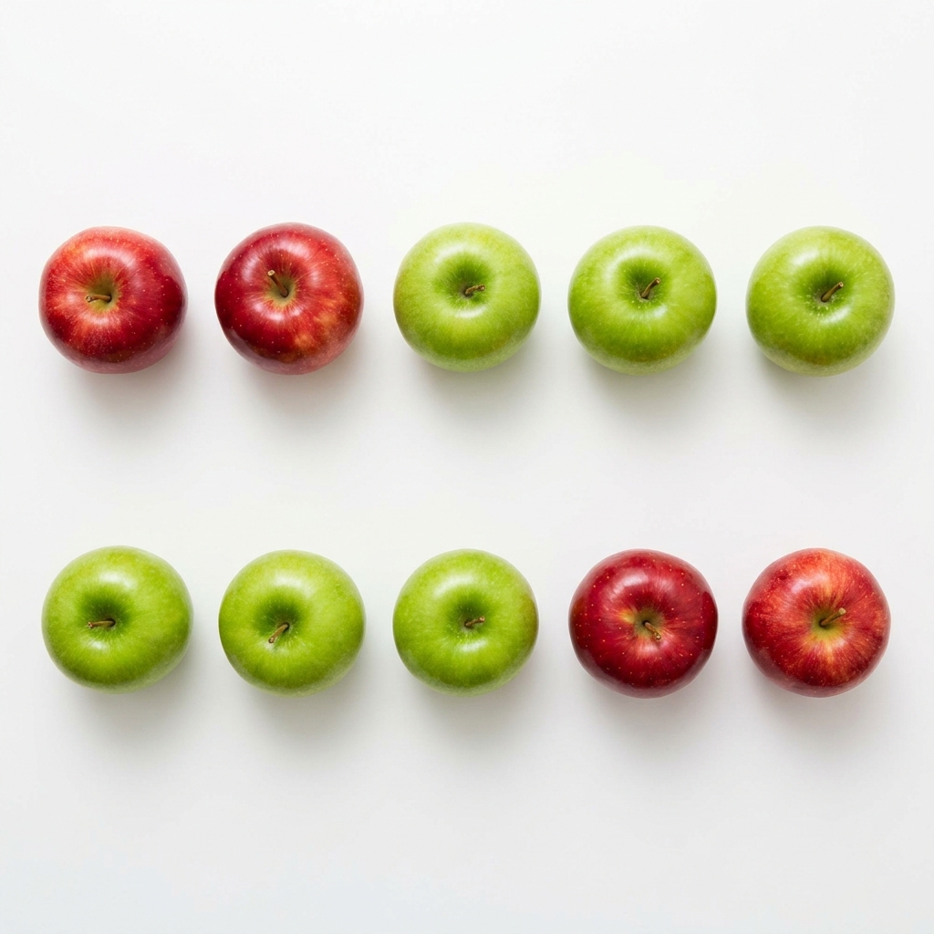 Look at these apples. Two red apples plus three green apples. That makes five apples in all. Now look. Three green apples.
