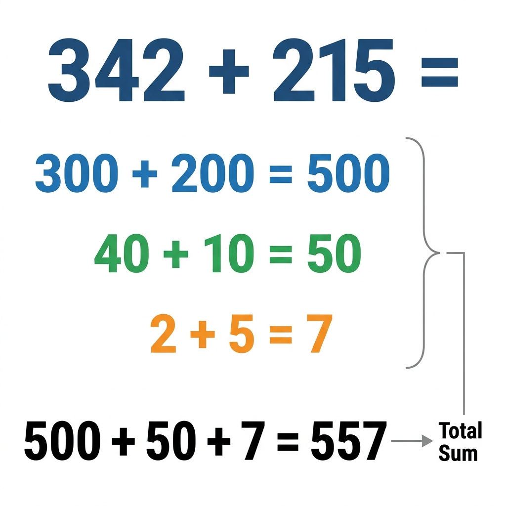 We add the hundreds (300+200=500), the tens (40+10=50), and the ones (2+5=7). The total is 557.
