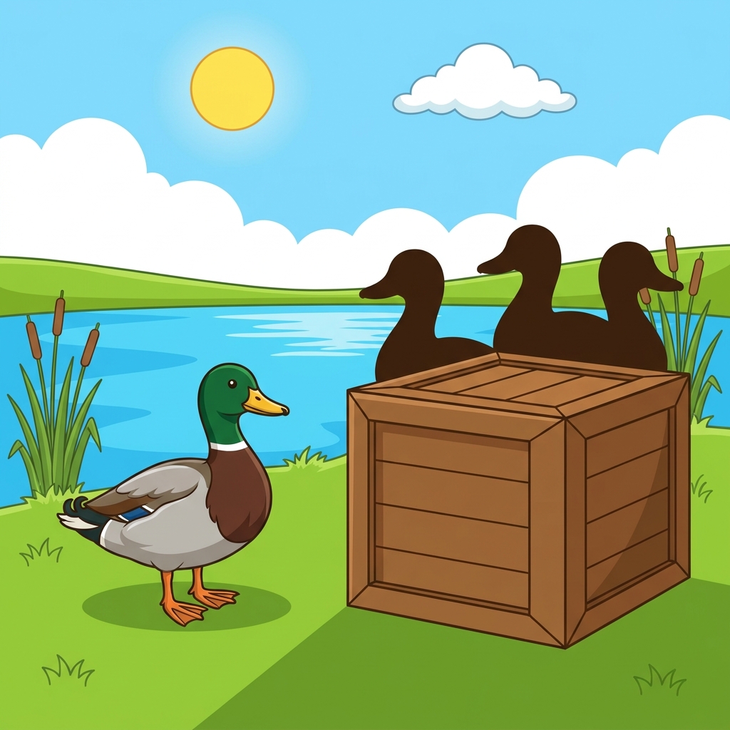 Sometimes a part is missing. We have four ducks total. One duck is here. How many are hidden?