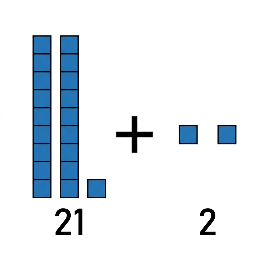 We have twenty-one blocks. Let us add two more. We count on from twenty-one. Twenty-two, twenty-three. Now we have.
