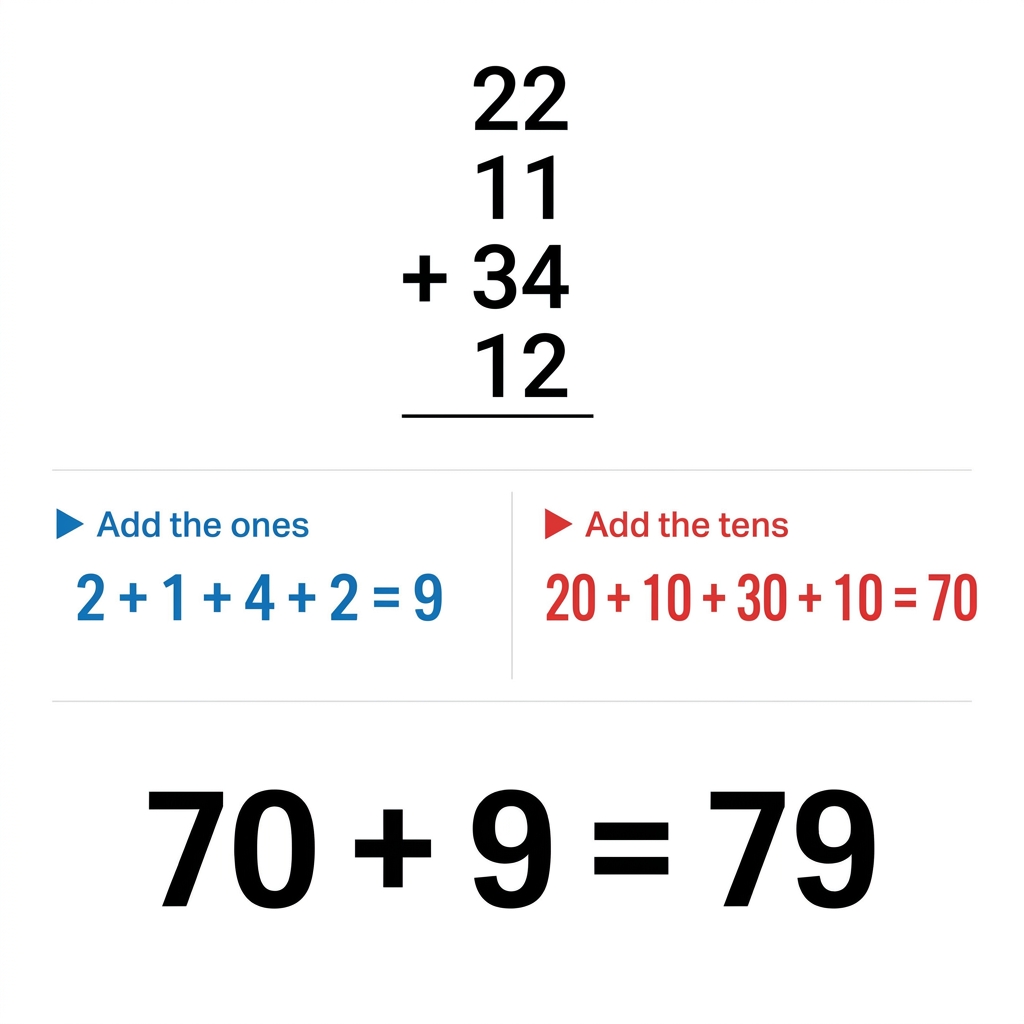 When we add 22, 11, 34, and 12, we first add the ones: 2 + 1 + 4 + 2 = 9. Then we add the tens: 20 + 10 + 30 + 10 = 70.