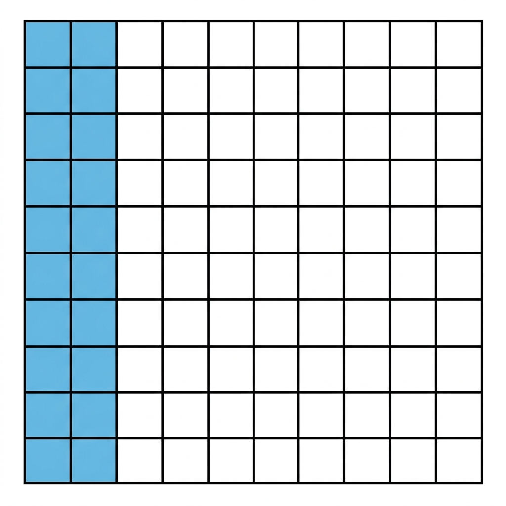 If you have 2/10, you can shade 2 columns on a grid. Each column has 10 squares, so 2 columns have 20 squares. This shows.