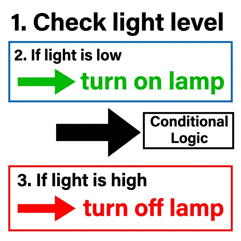 Imagine a light sensor that turns on a lamp when it gets dark. The steps are: 1. Check light level. 2. If light is low, turn.