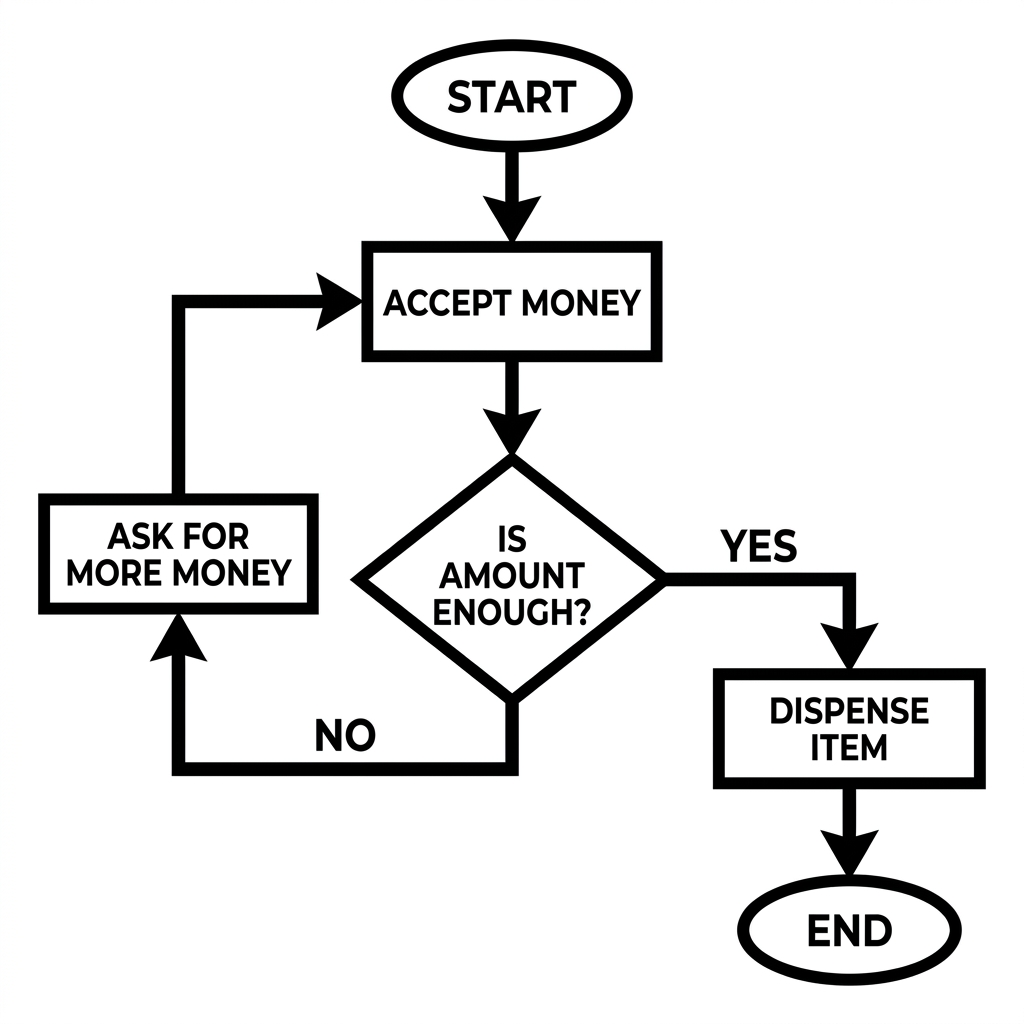 A vending machine algorithm is another example. Step 1: Accept money. Step 2: Check if amount is enough. Step 3: If enough.
