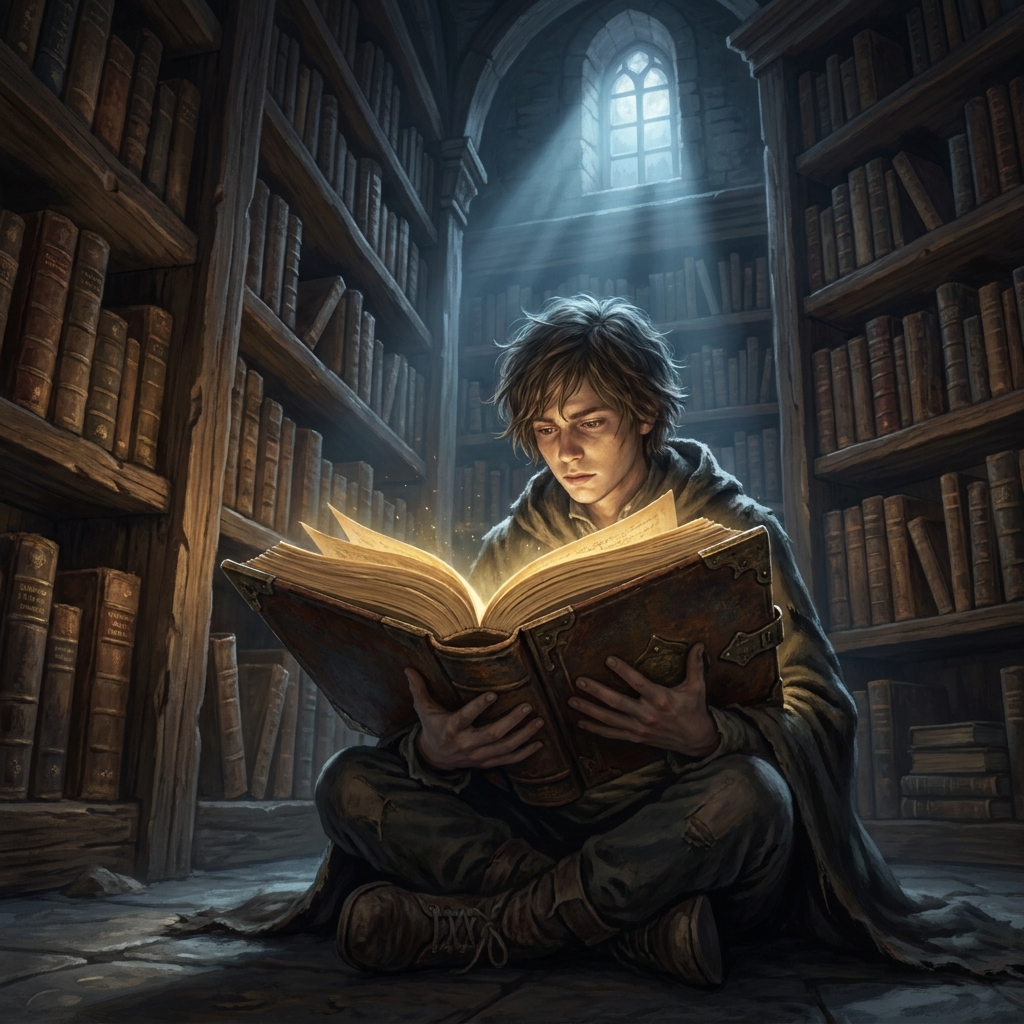 The text says, 'She opened the forbidden book, and for the first time, she saw the world as it truly was, losing her.