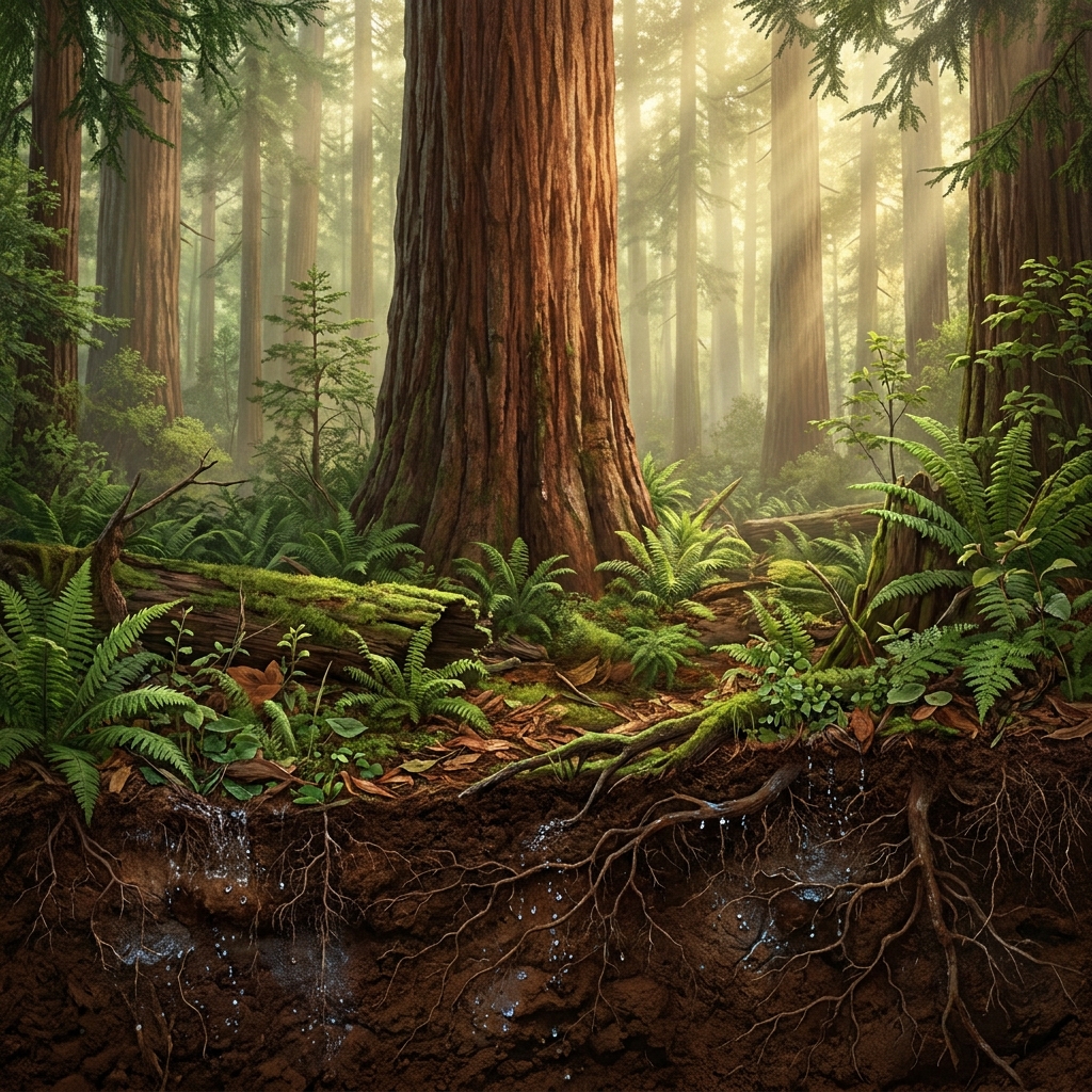 In a California redwood forest, trees, soil, and water interact to support life. If the soil lacks nutrients, the trees.
