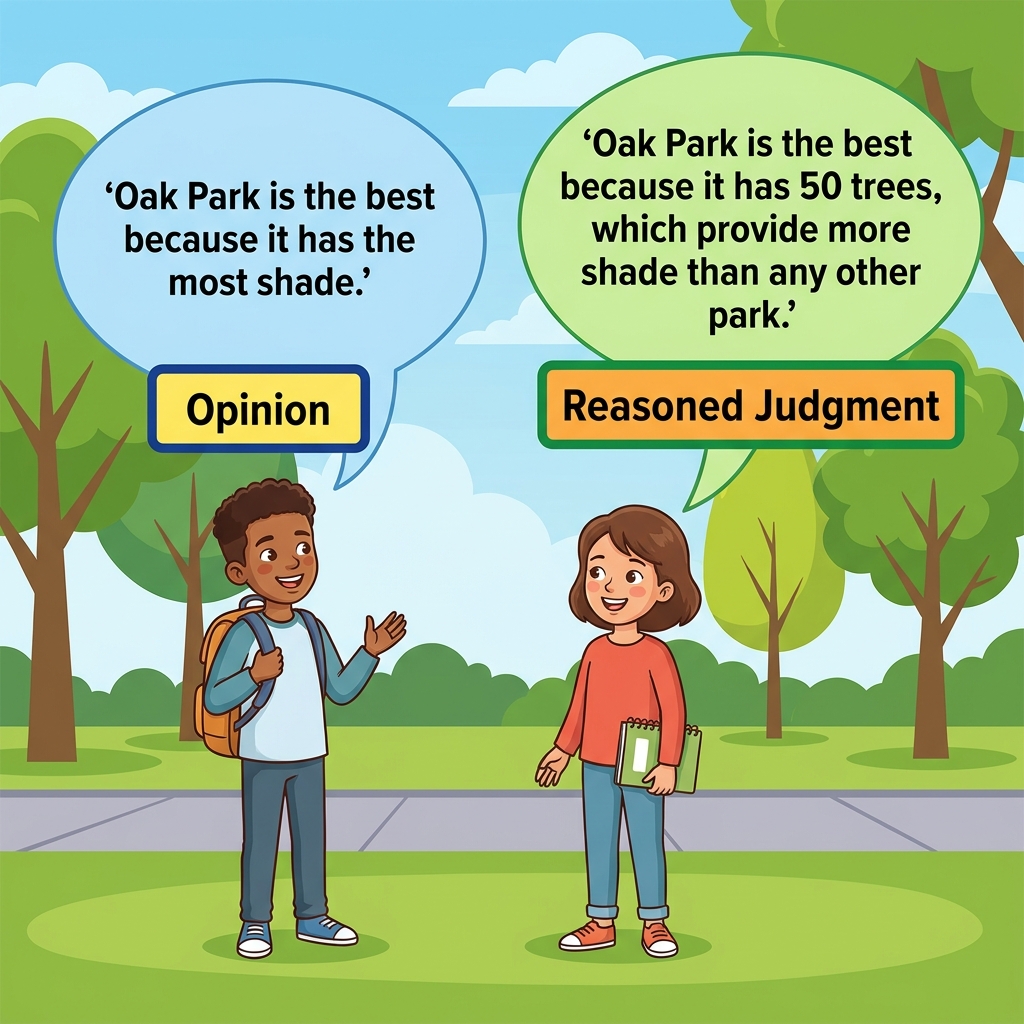 Now let's look at a debate between two friends about the best local park. One friend says, 'Oak Park is the best because it.