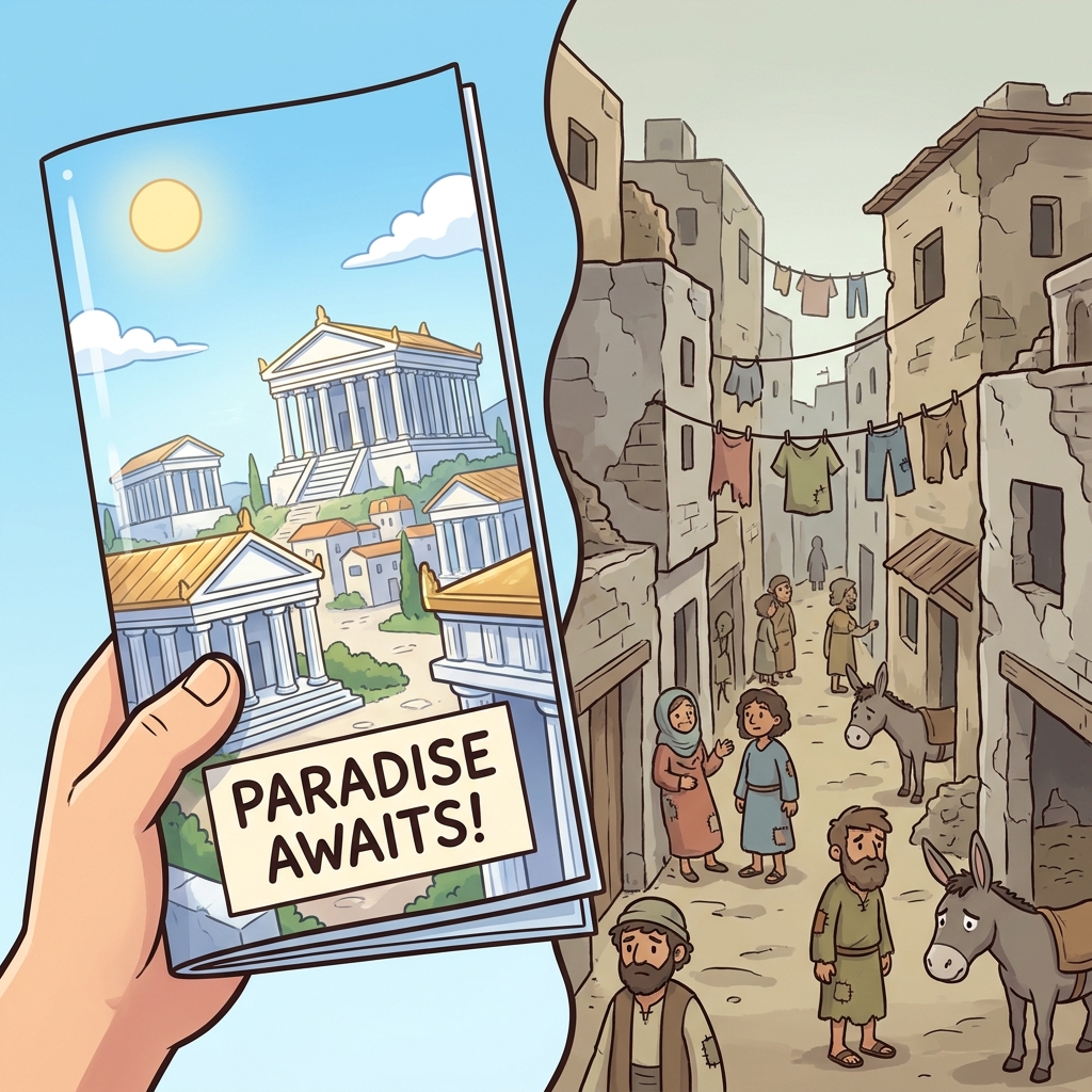 A travel brochure for an ancient Greek city highlights the beauty of the marble temples but omits the crowded slums. Because.