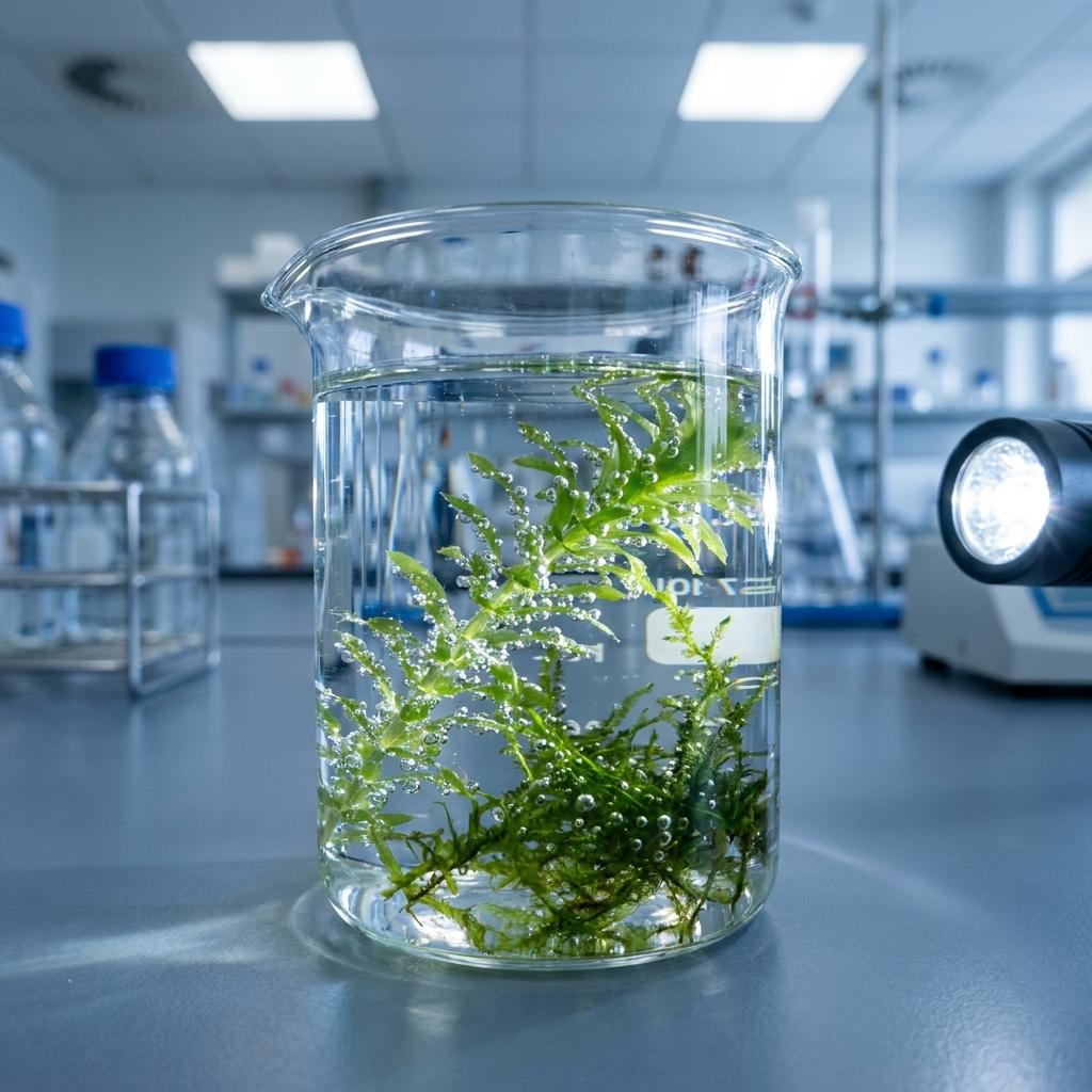 The passage reads: 'To observe photosynthesis, place a leaf in a beaker of water under a strong light source. Within two.