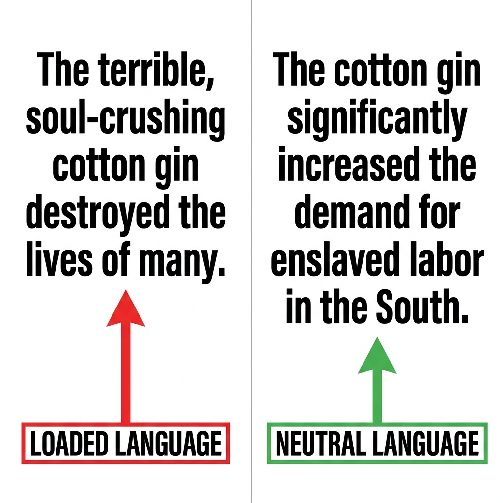 Another non-example: 'The terrible, soul-crushing cotton gin destroyed the lives of many.' This uses loaded language to.