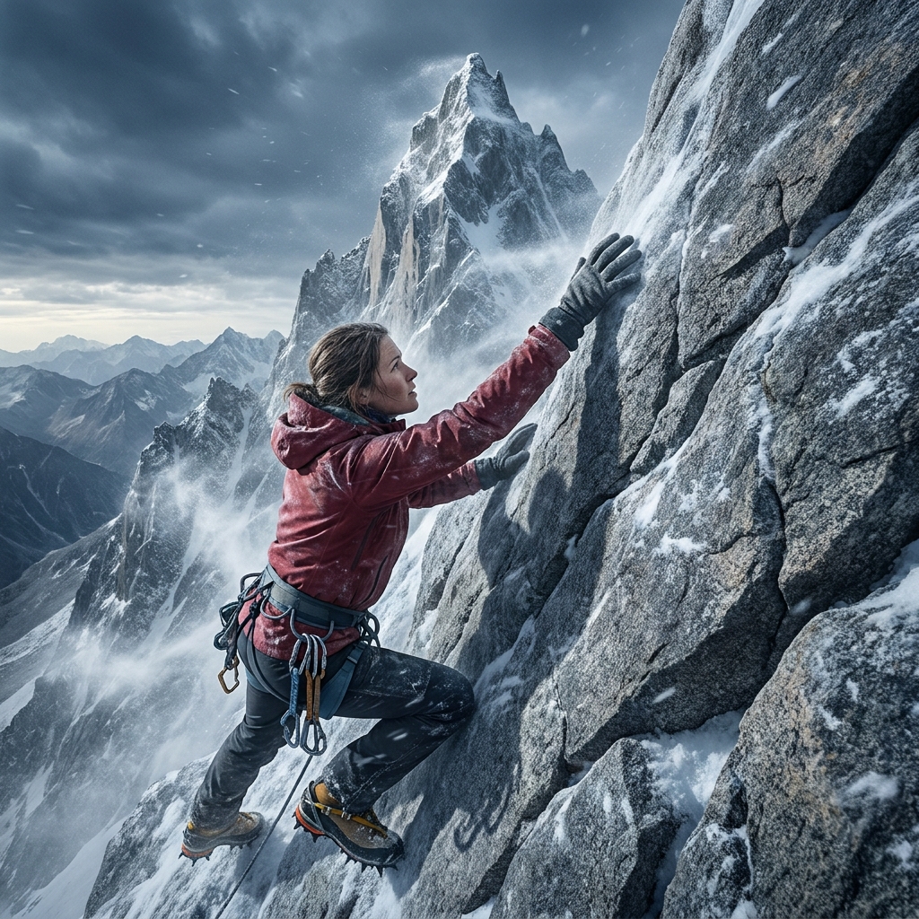 In a story about a climber reaching a peak, the text says, 'Though her muscles ached and the wind howled, she took one more.