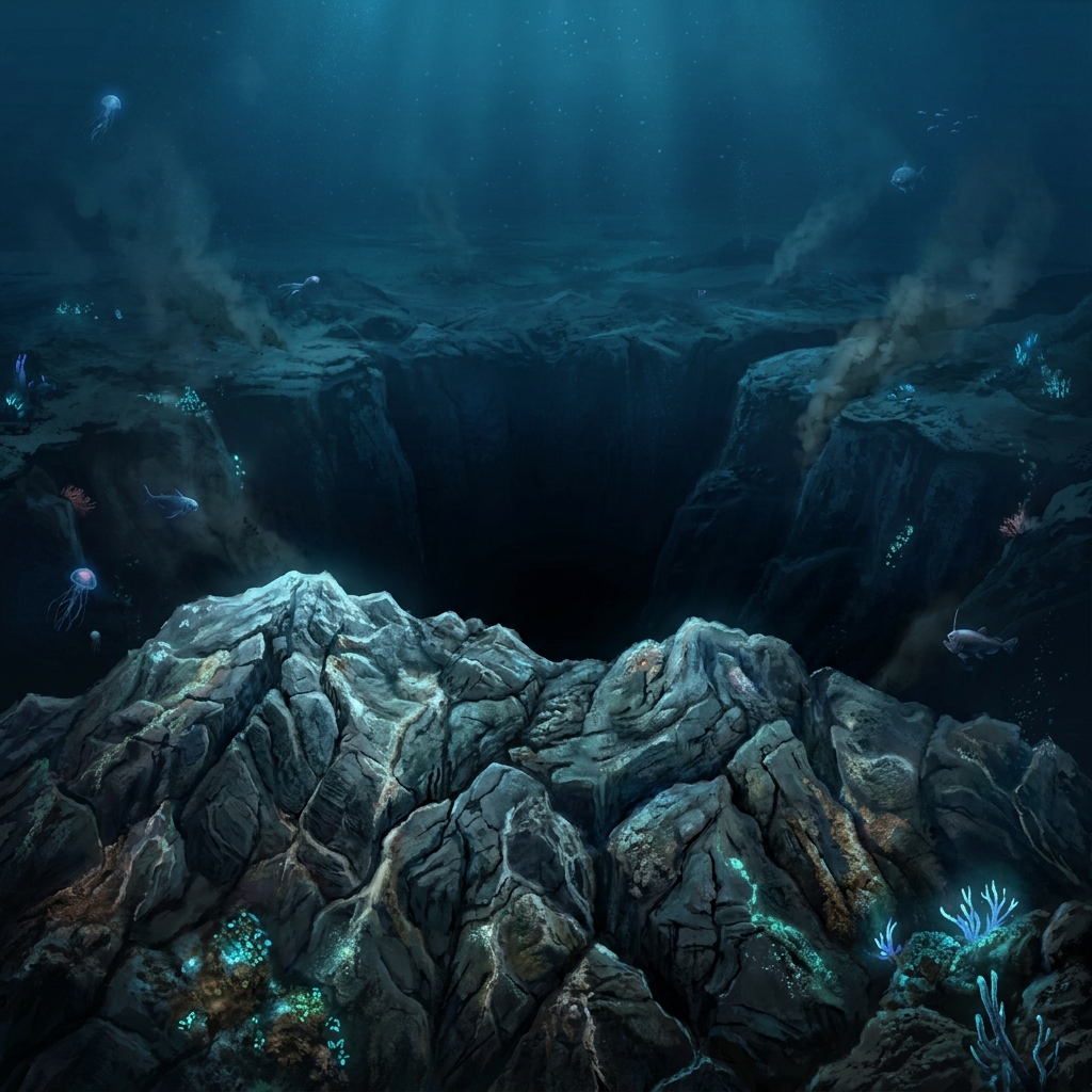 In a passage about the ocean floor, the author describes how underwater mountains and deep valleys shape the Earth's crust.