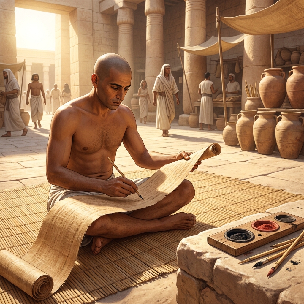 Example 1: The invention of papyrus allowed scribes to write records more easily. The text says, 'Because papyrus was light.