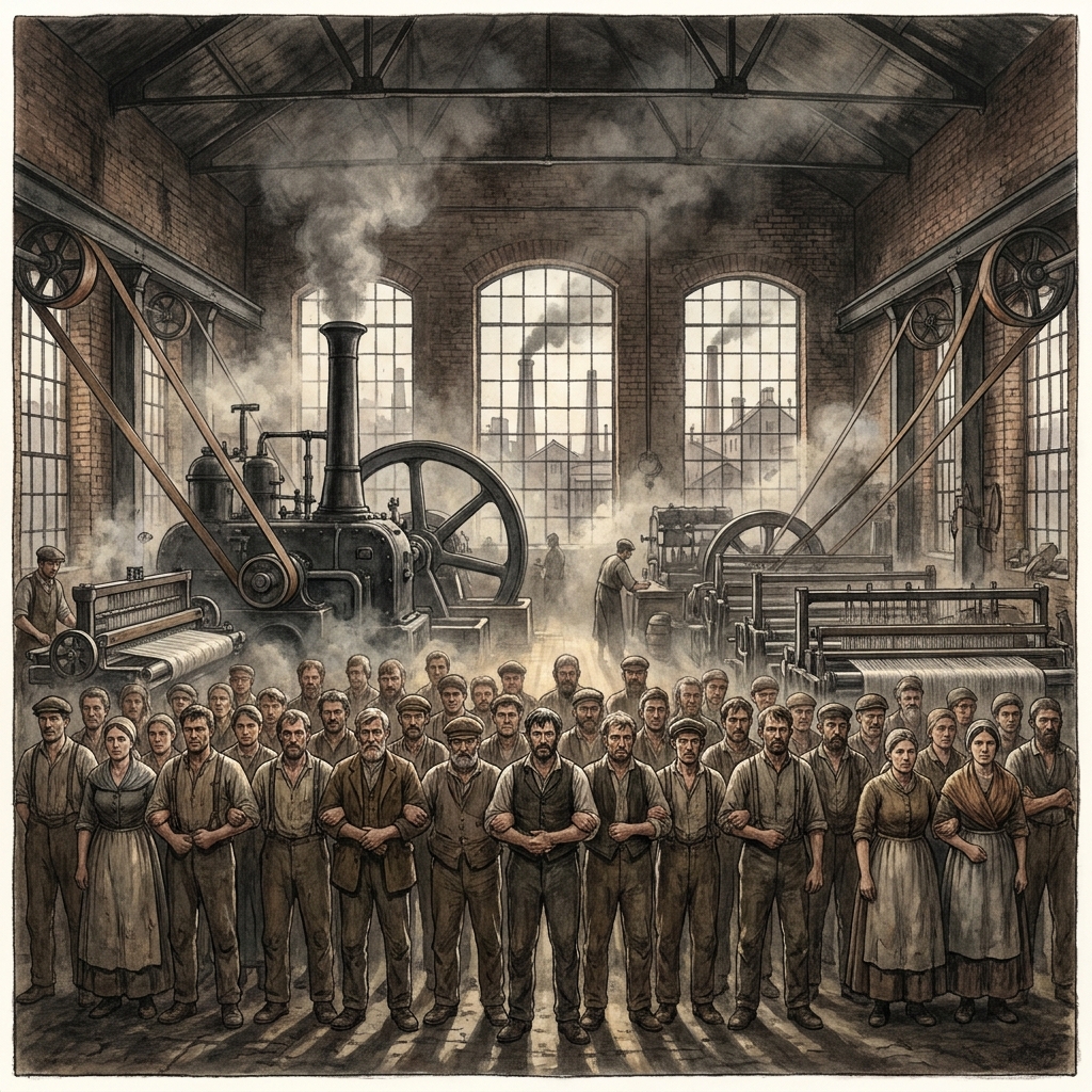 The text says, 'As factory production increased, labor reform movements gained traction, pushing for safer hours and better.