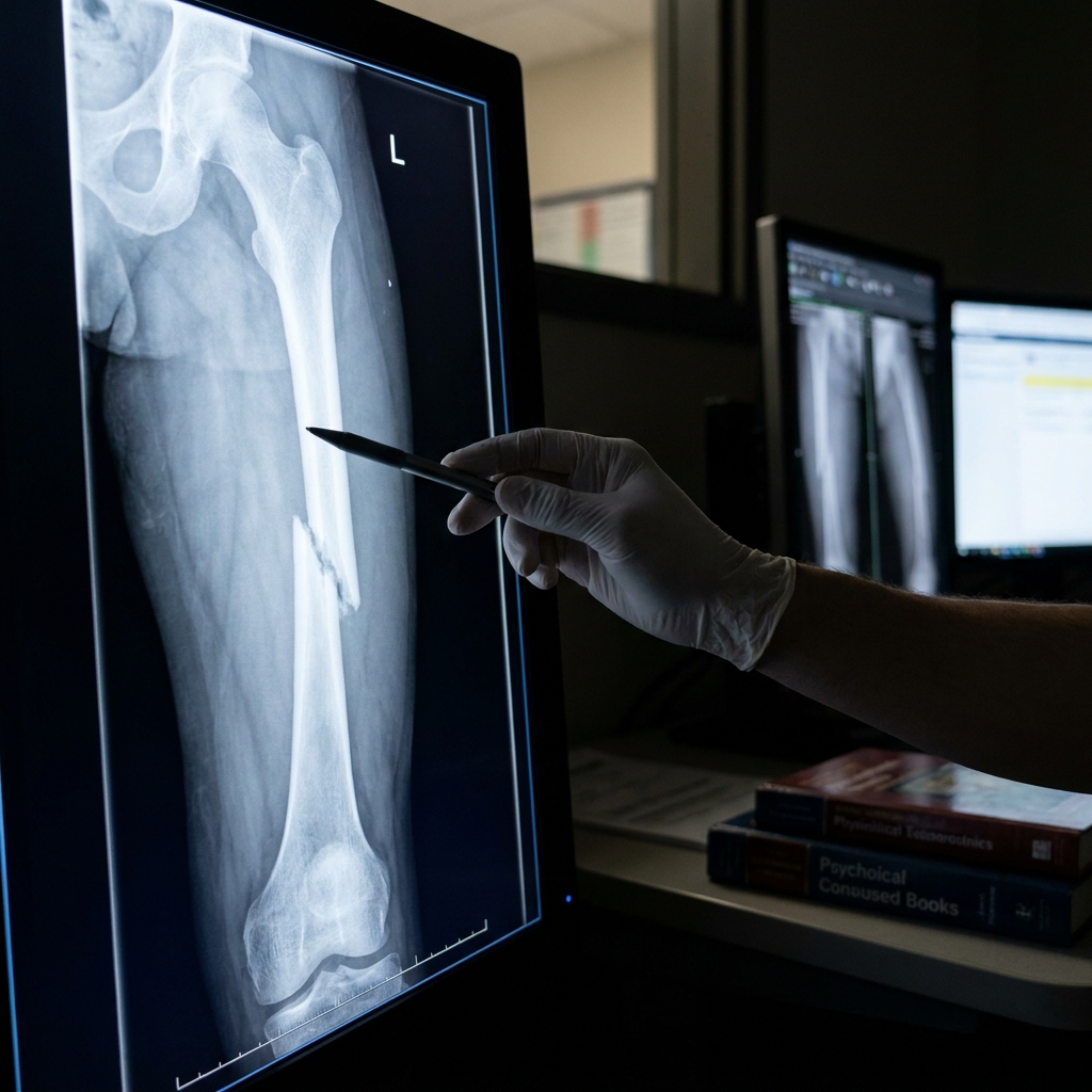 Example: 'The skeletal scan shows a fracture in the femur, confirming that bone density has decreased.' The explicit.