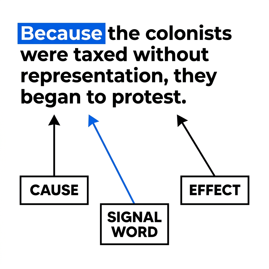 Causal structure explains the causes and effects of an event. For example, 'Because the colonists were taxed without.
