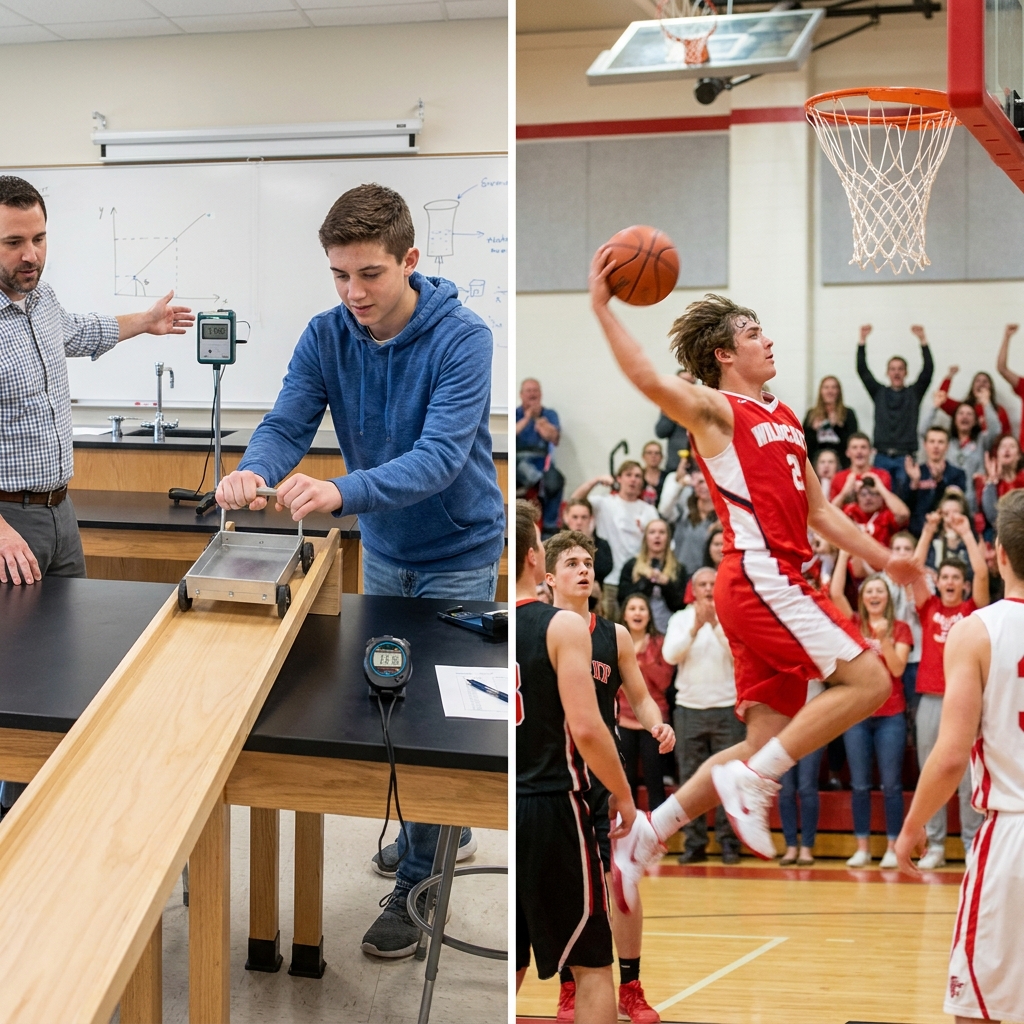 In physics, kinetic describes the energy of motion. In a sports article, a writer might describe a basketball player as.