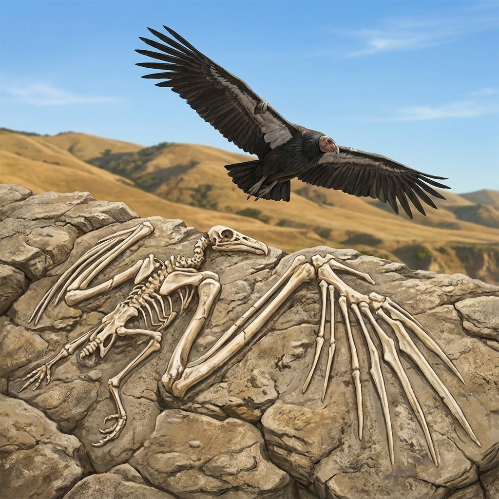 The California condor is a large bird that flies over California. When we compare its skeleton to the fossil of the extinct.