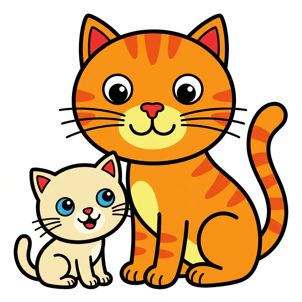 Let us look at the cat family. The parent is big. The young cat is small. They both have soft fur.