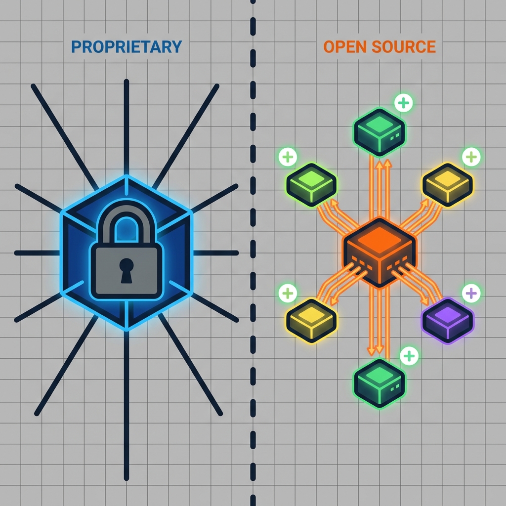 In the proprietary example, the company restricts access to protect their rights. In the open source example, the community.