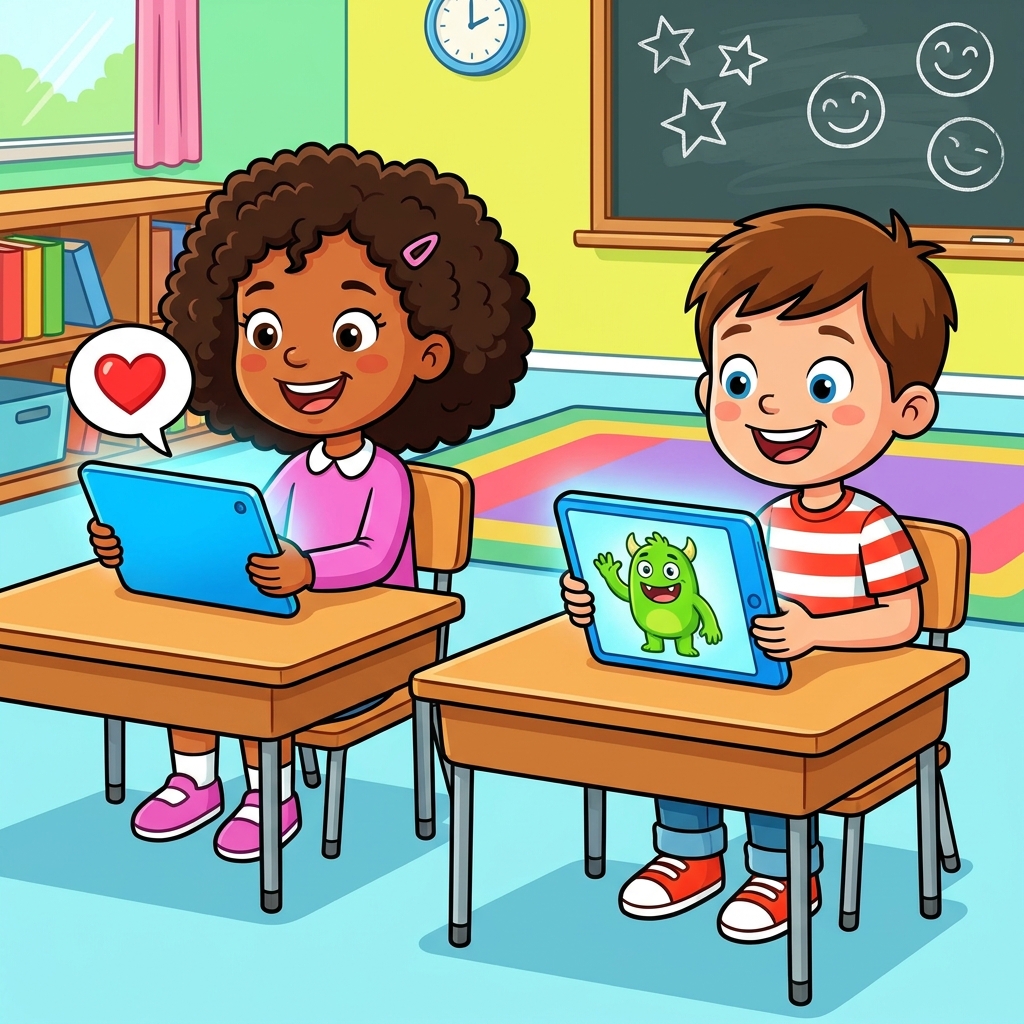 Being a digital citizen means being kind to friends. When we talk to friends on a screen, we use nice words. We show we care.