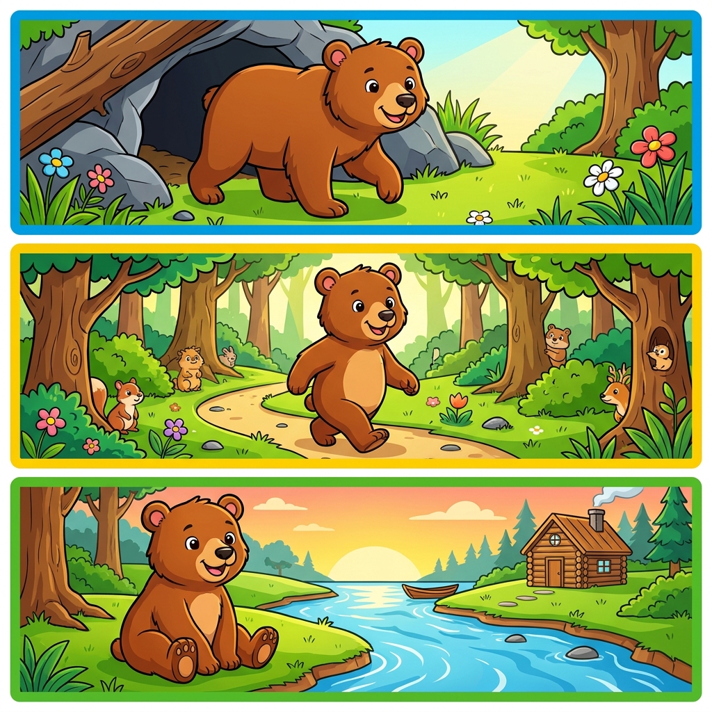 A story is a book. It tells what happens to a bear who goes for a walk. It has a start. It has a middle. It has an end.