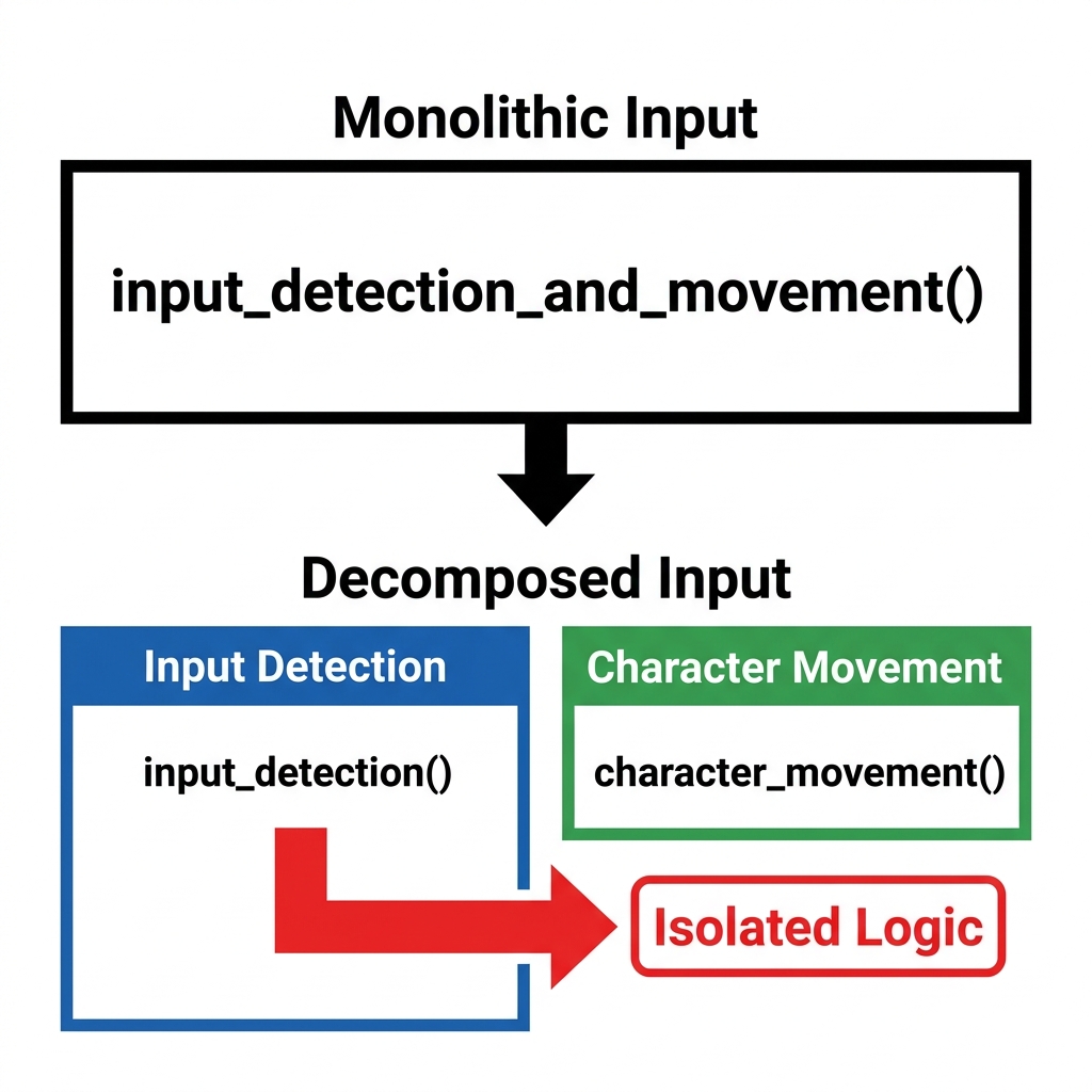 By splitting these, we can test the input detection separately. If the character does not move, we know exactly where to.