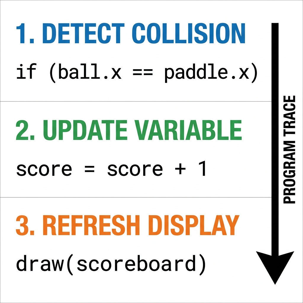 Let's trace a 'Scoreboard' program. We break the program into three parts: detect collision, update variable, and refresh.