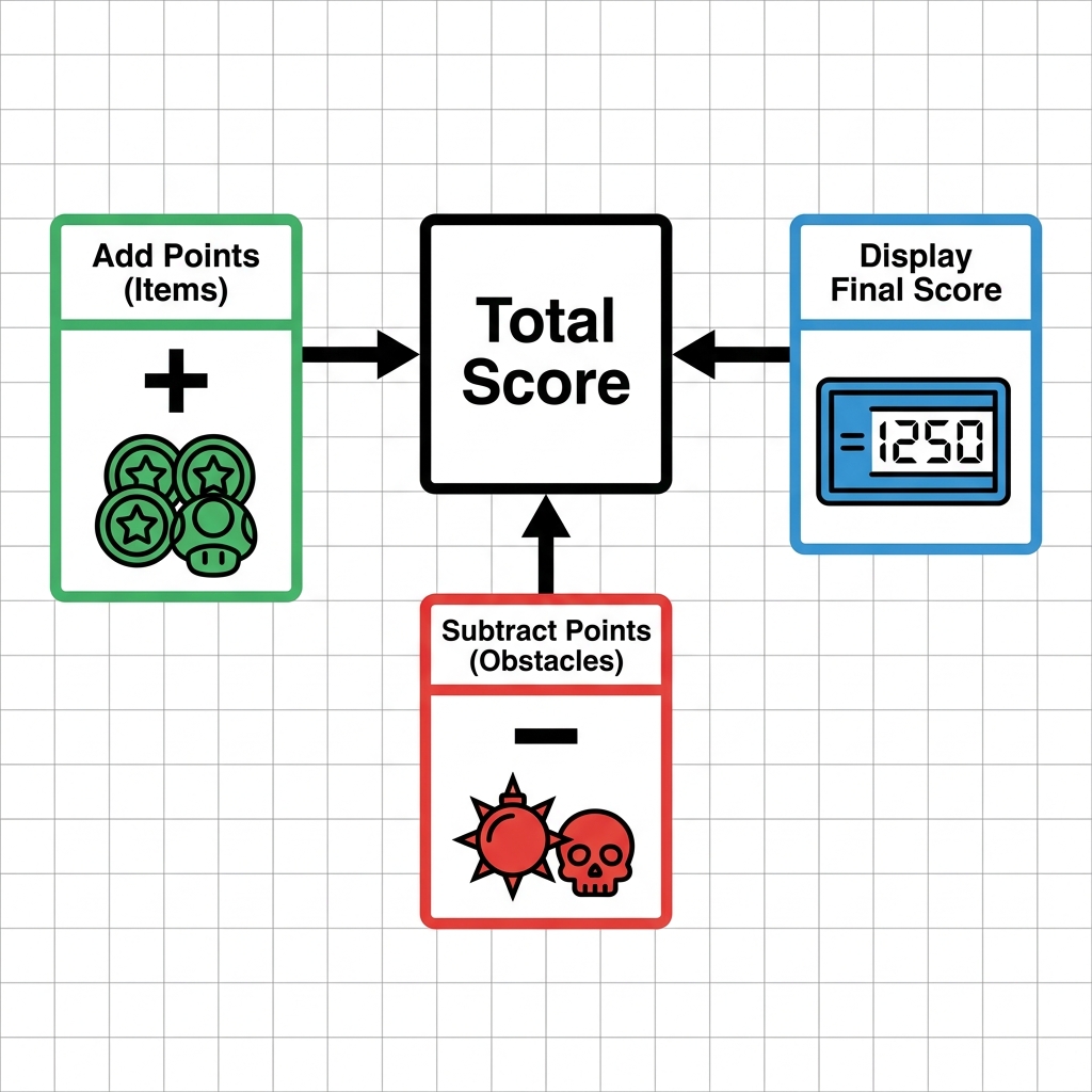 Another example is the game's scoring system. We can decompose this into functions that add points for collecting items.