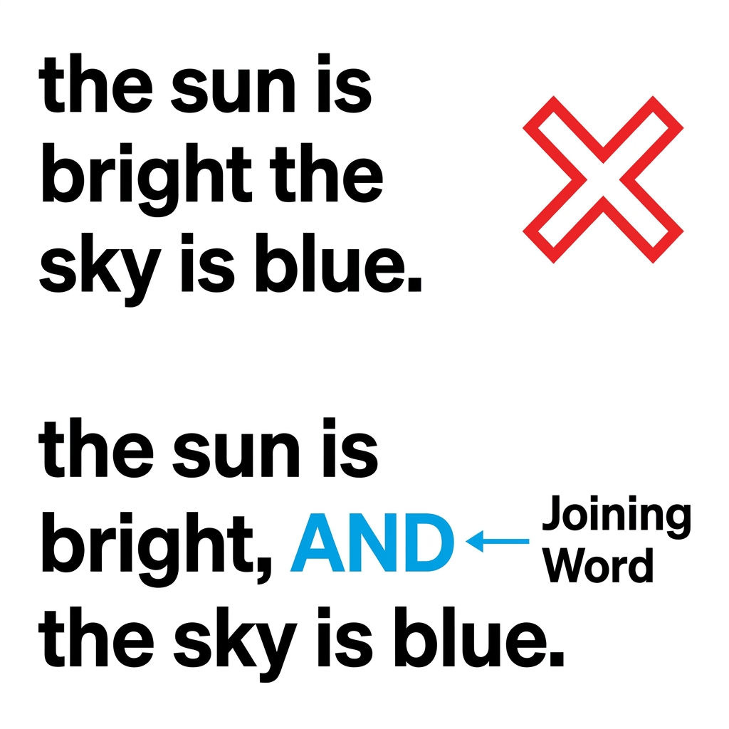 Another non-example is: the sun is bright the sky is blue. This is a run-on sentence because it is missing a joining word.