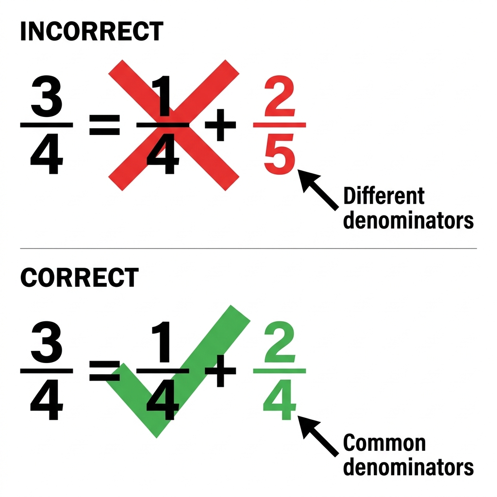 Writing 3/4 as 1/4 plus 2/5 is incorrect because the denominators are different. To be a correct decomposition, all parts.