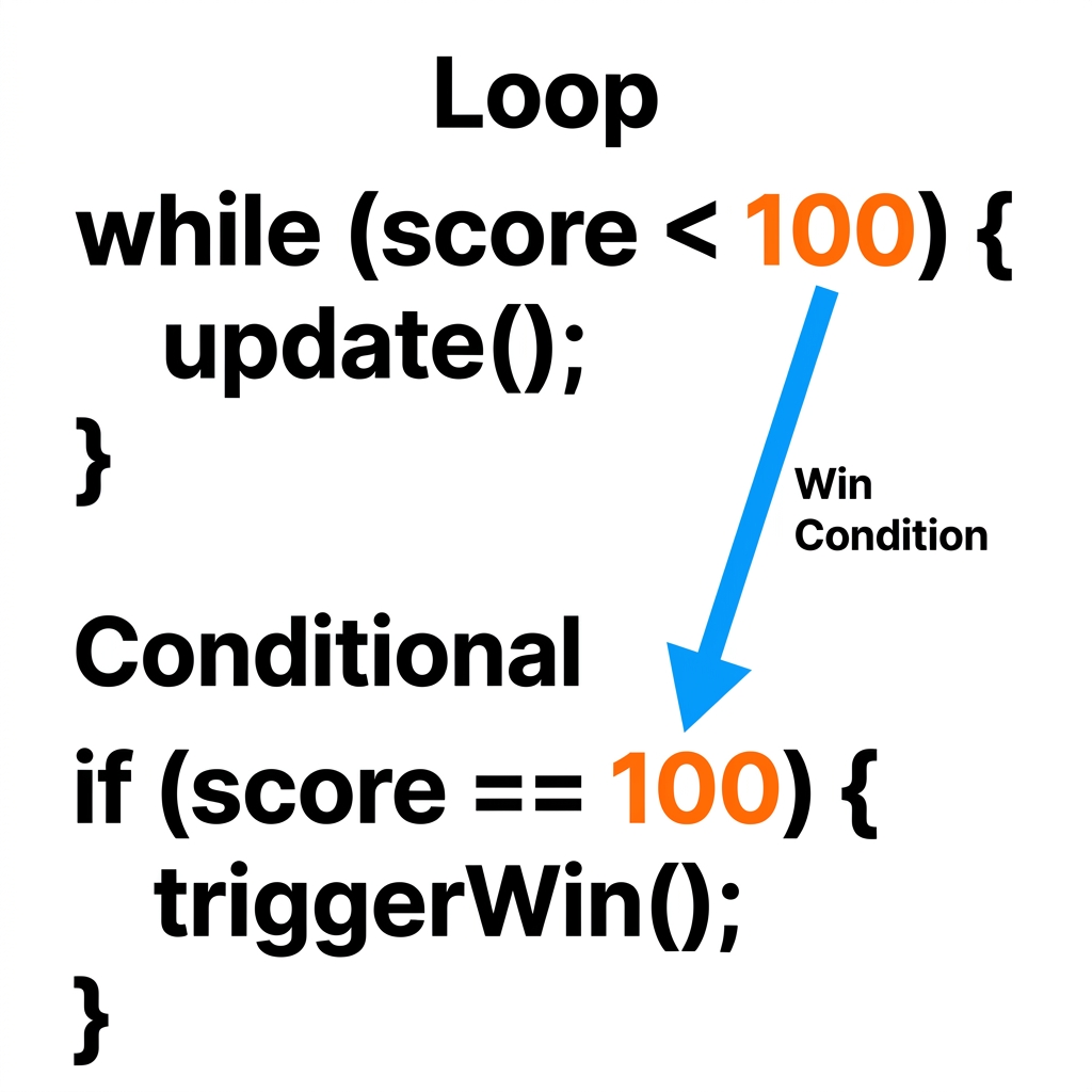 Example two is a score counter. It loops to check the score constantly. If the score hits 100, it triggers a win. This uses.
