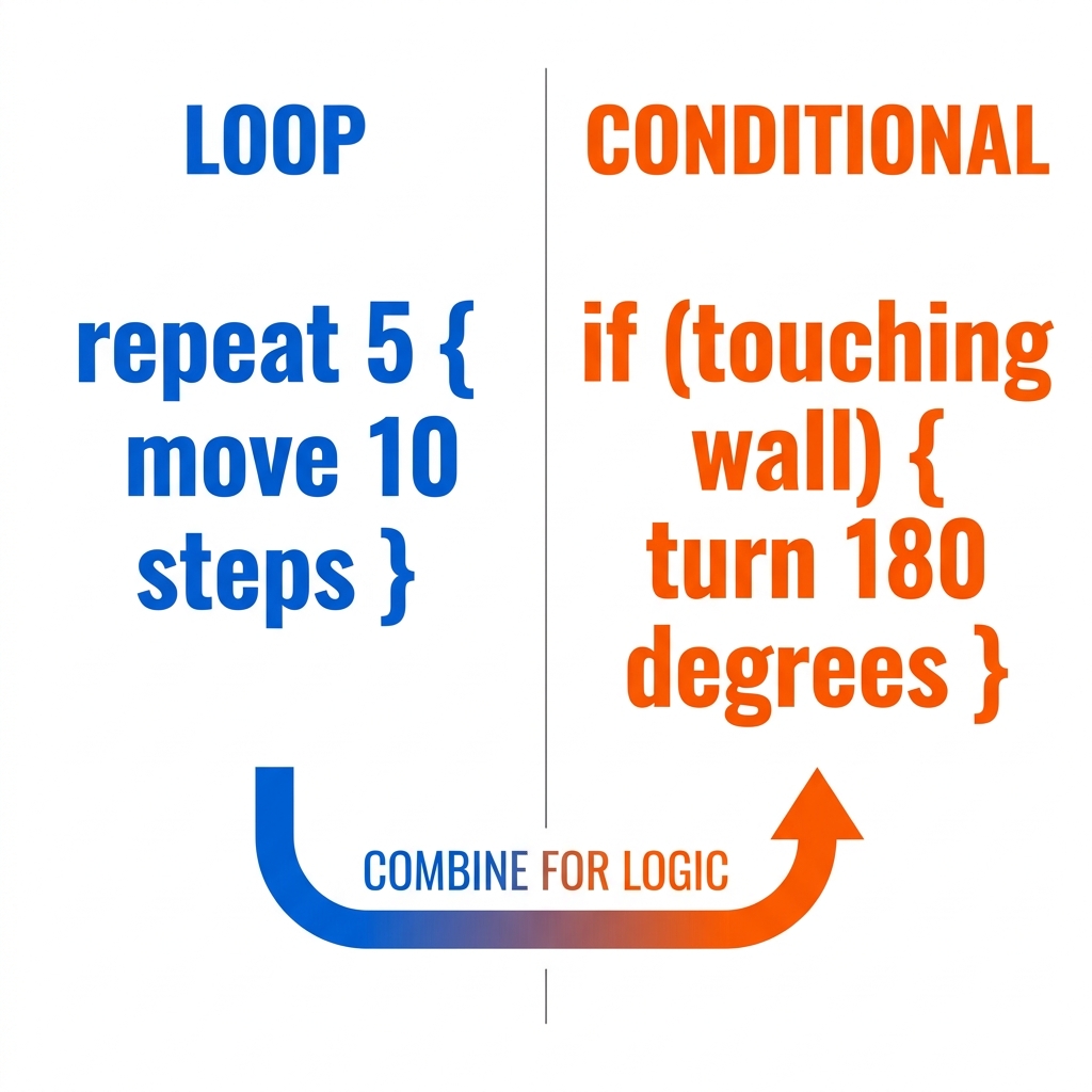 A loop repeats a set of instructions multiple times, while a conditional checks if a specific rule is met before acting.