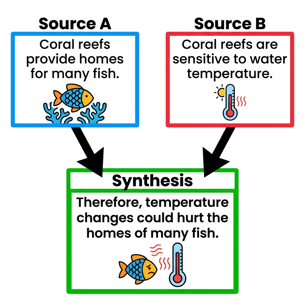 Example 1: Researching ocean ecosystems. Source A says coral reefs provide homes for many fish. Source B says coral reefs.
