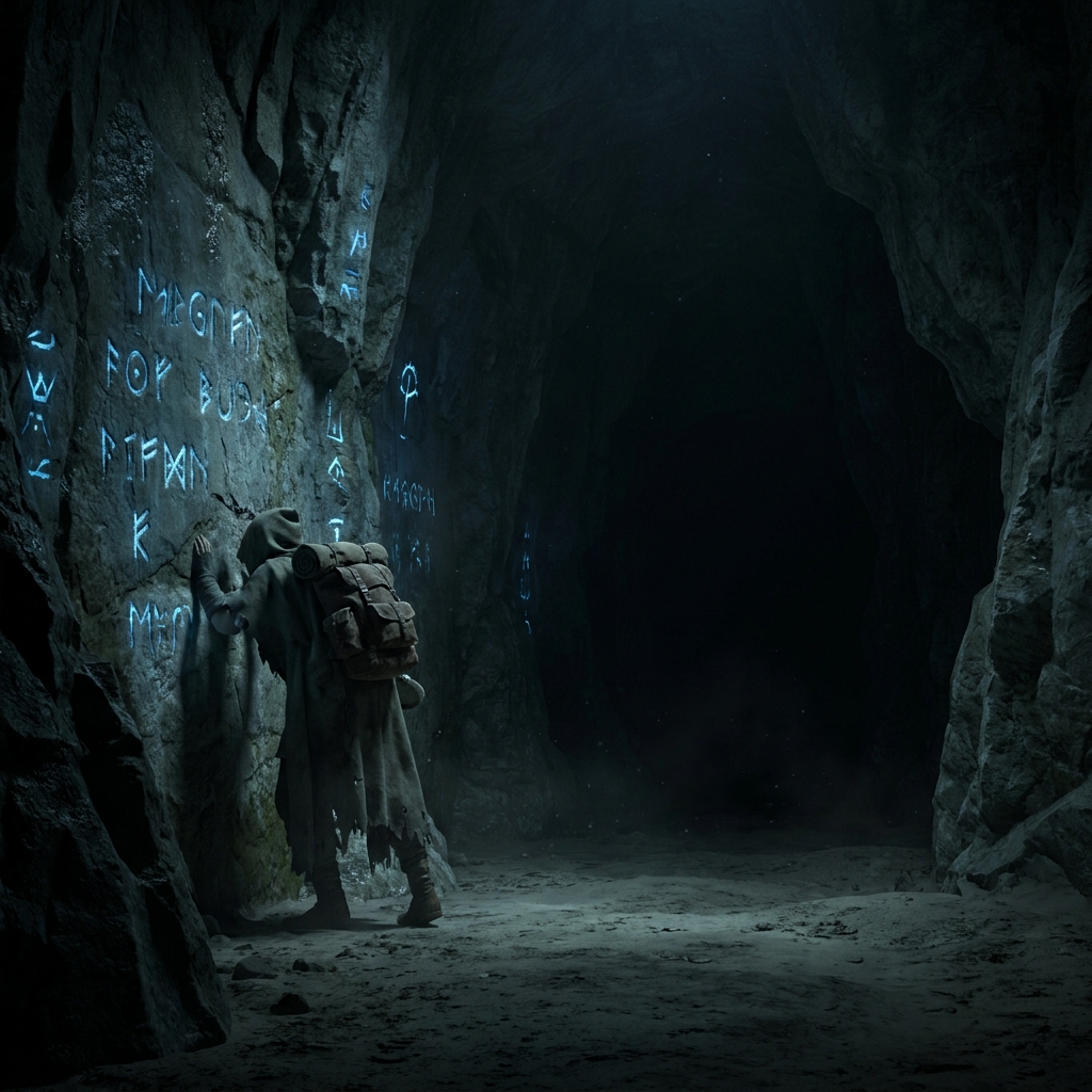 Example one: A weary traveler stumbles into a hidden cave and finds stone walls covered in ancient, glowing symbols. The.