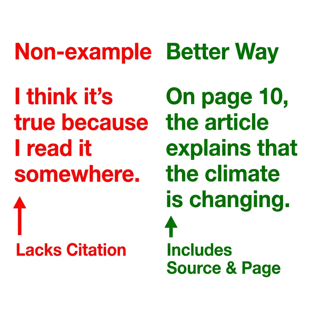 Non-example 1: 'I think it's true because I read it somewhere.' This is not a good example because it lacks a source and.