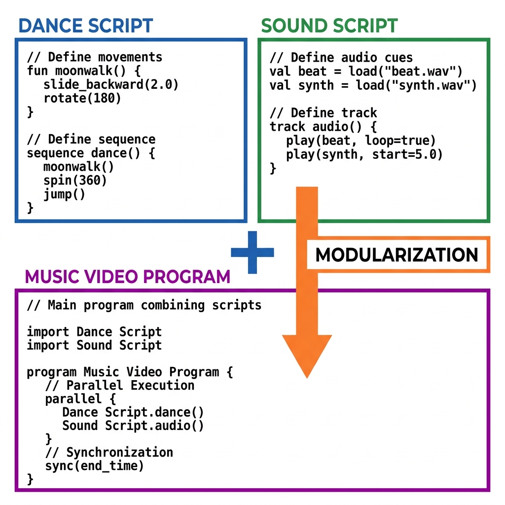 We can combine a dance script and a sound script to create a music video program. This is a great example of modularizing.