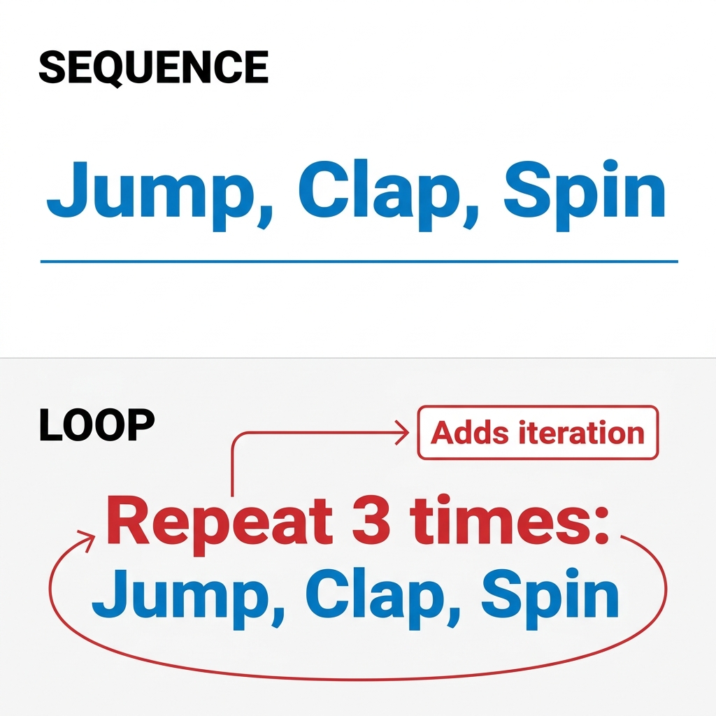 If you have a list of actions: Jump, Clap, Spin, this is a sequence, but not a loop. It does not repeat anything. To make it.