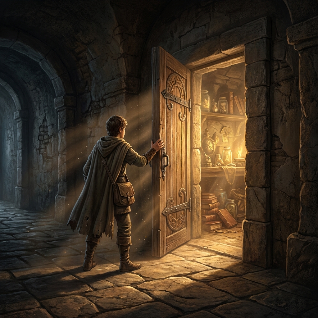 In an adventure novel, a chapter ends with the hero finding a locked door. The next chapter begins with the hero opening.
