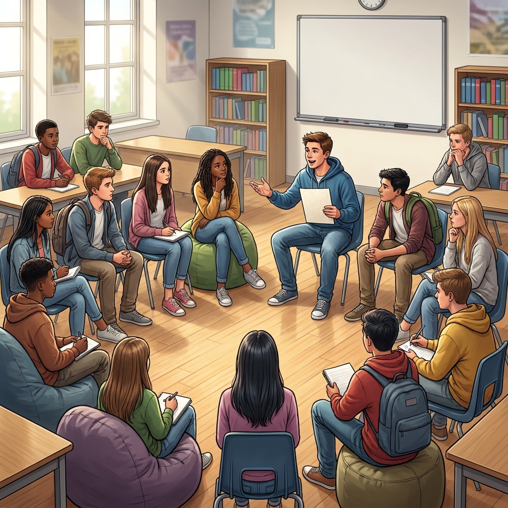In a Socratic seminar, the group explores the moral choice of the protagonist. A student says, 'Based on the article's.