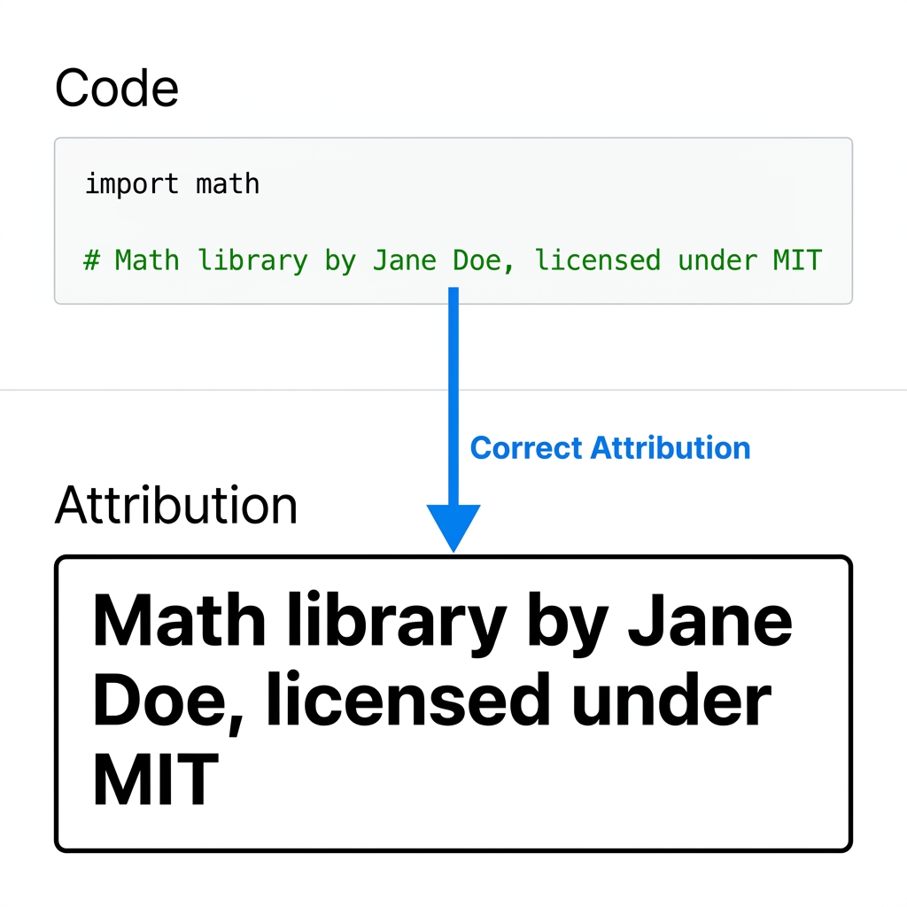 Example one: You import a math library. You add a comment at the top of your file that says 'Math library by Jane Doe.
