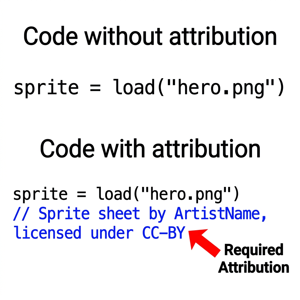 Example one: A student uses an open-source sprite sheet. They add a comment in their code that says: Sprite sheet by.