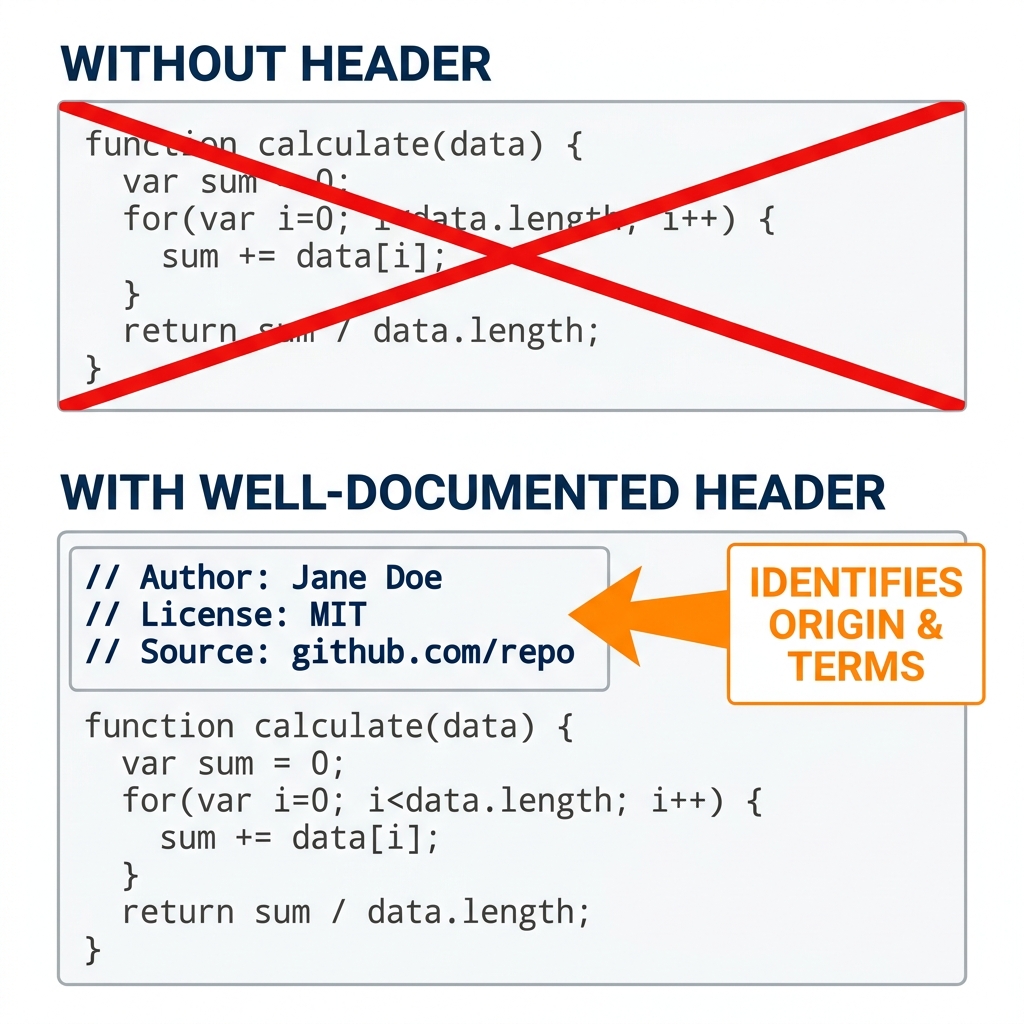 A well-documented code header is a section at the top of a file that includes the author's name, the license type, and the.