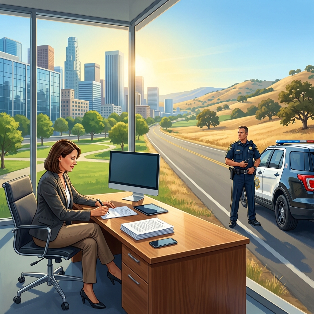 A city mayor signs a local ordinance to keep streets clean, while a county sheriff patrols a rural road outside the city.