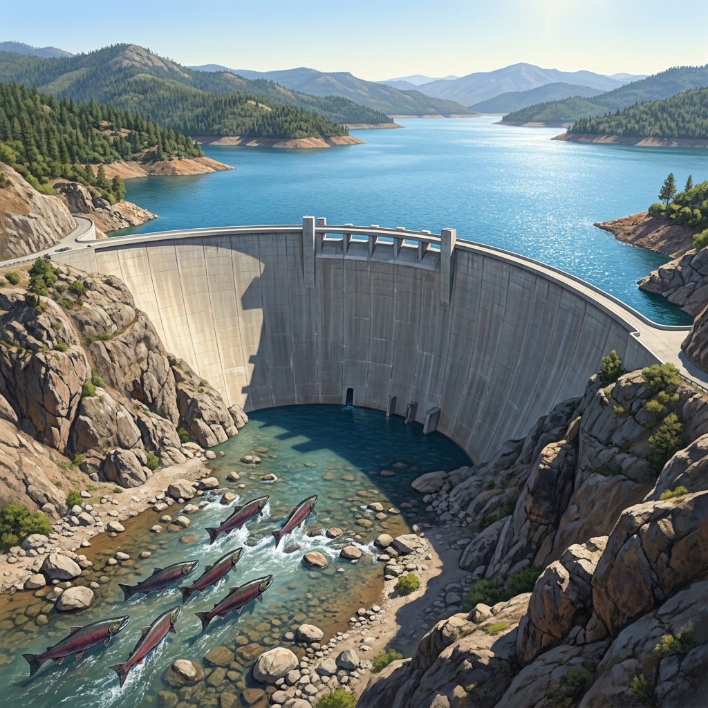 The Shasta Dam creates a large reservoir. This reservoir stores water for human use, but it also blocks salmon from reaching.