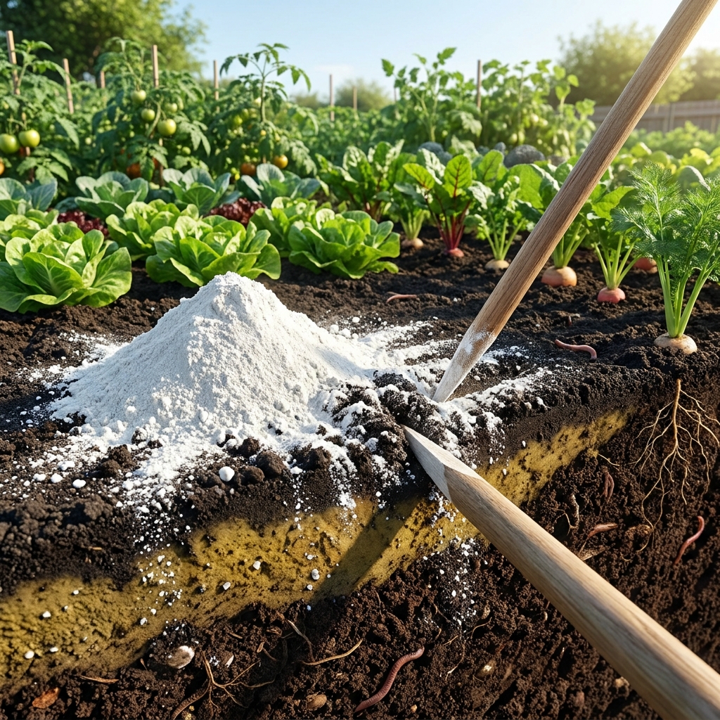 One example is neutralizing acidic soil with lime. The lime reacts with the acid, changing the soil's chemistry to help.