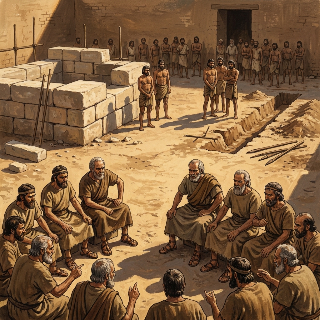 In ancient Mesopotamia, a city council must choose between building a grand temple to honor the gods or constructing an.